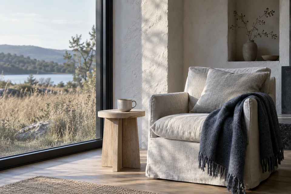 Sillón de lino junto a una ventana con vista al paisaje, detalle de alojamiento generado por IA.