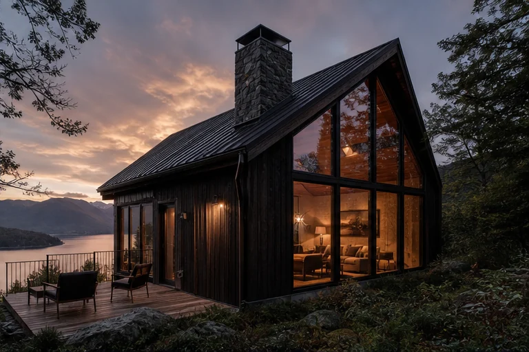Refugio de madera con grandes ventanales y vista al lago al atardecer. Imagen de demo.