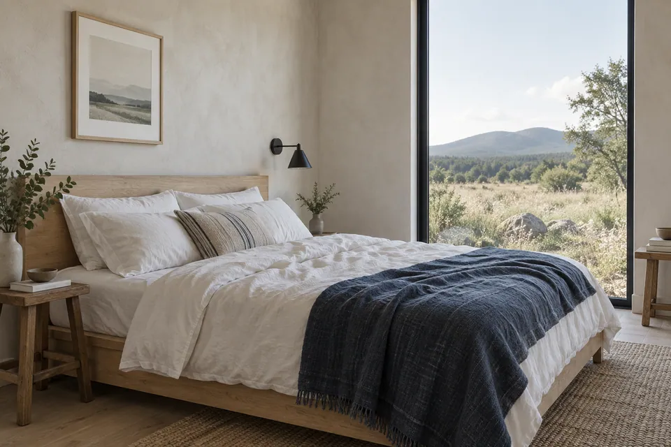 Dormitorio de lino y madera clara junto a una ventana, imagen ilustrativa IA.
