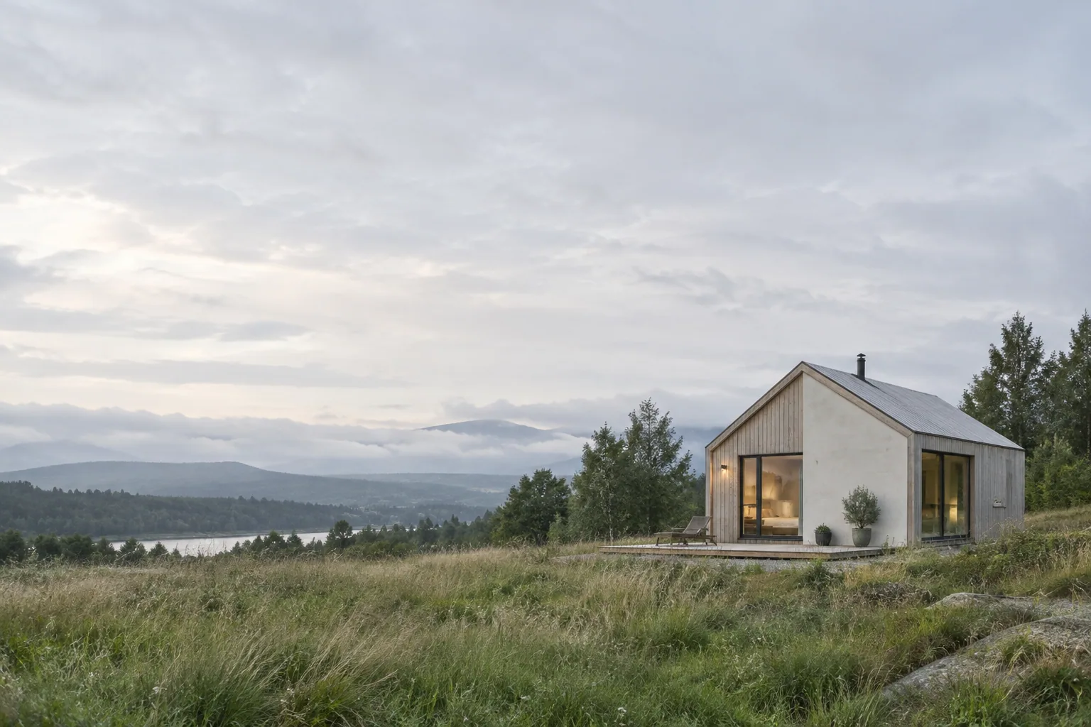 Refugio contemporáneo en una pradera, imagen ilustrativa generada por IA.